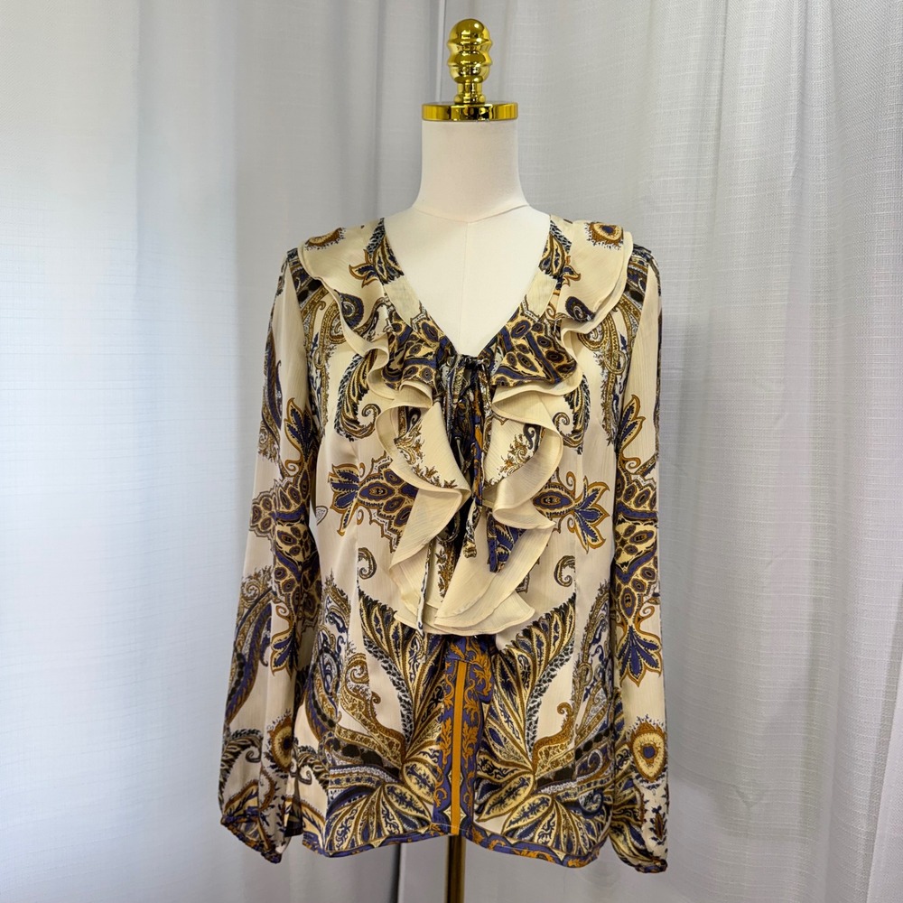 VTG Cache Ruffle Tie Blouse Womens Large Gold Blue Paisley Satin V-Neck Y2K Boho